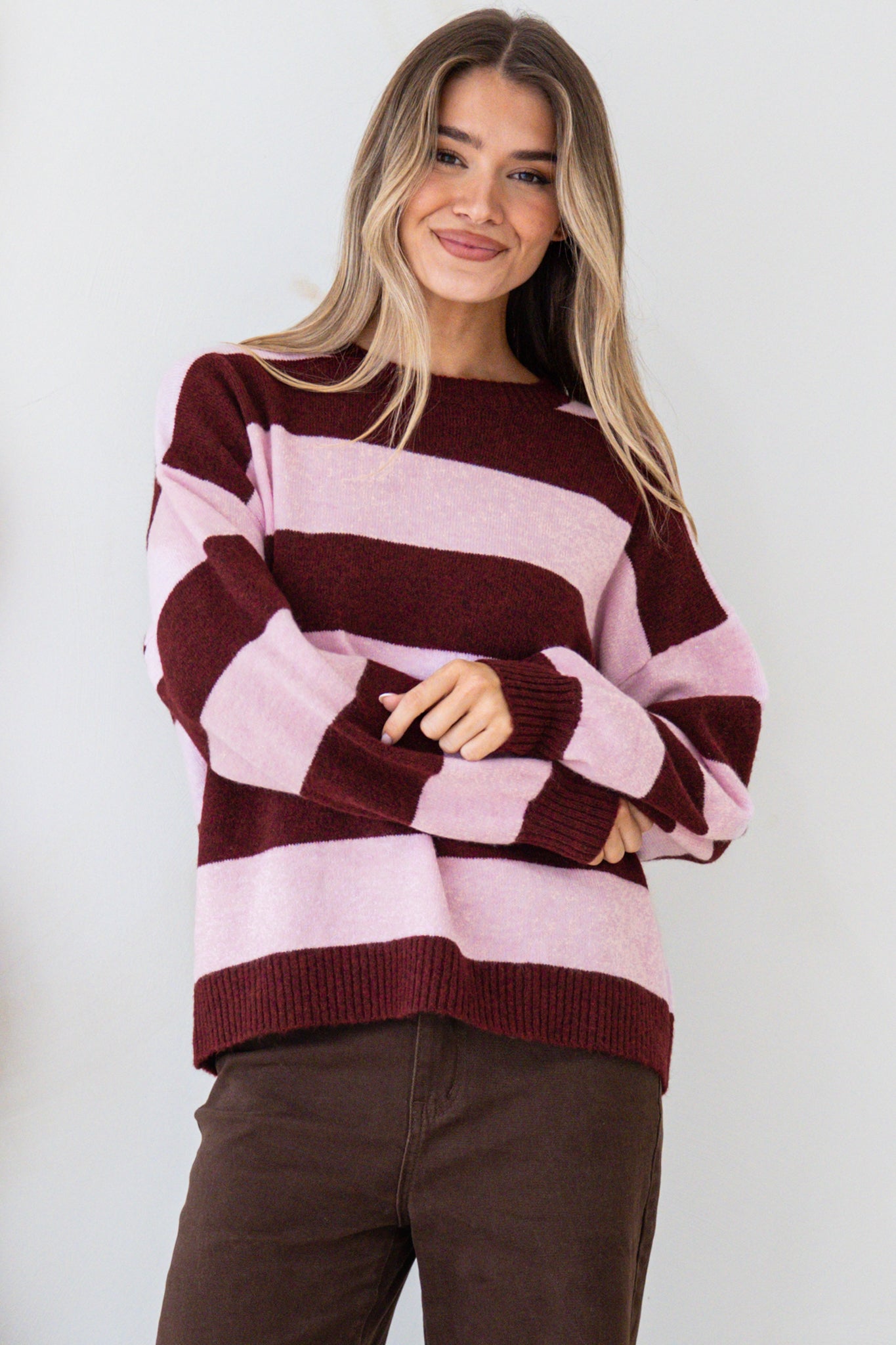Sumner Jumper - Crew Neck Stripe Knit with Ribbed Hemlines in Wine/Pink