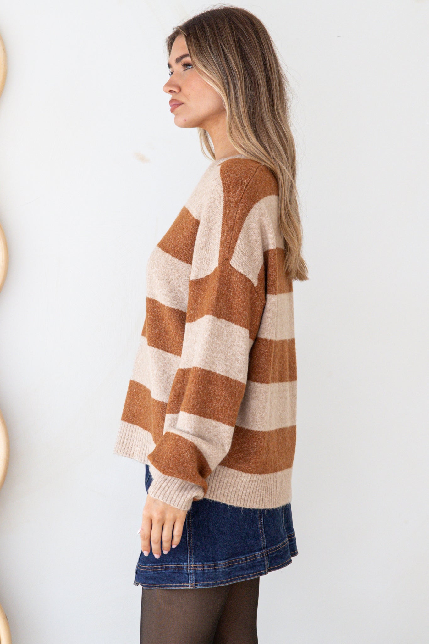 Sumner Jumper - Crew Neck Stripe Knit with Ribbed Hemlines in Mocha/Oatmeal