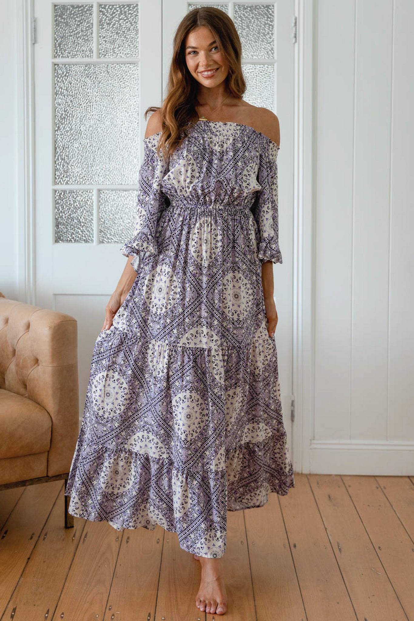 JAASE - Teegan Maxi Dress: Off Shoulder Scarf Sleeve Maxi Dress in Lilac Lullaby Print
