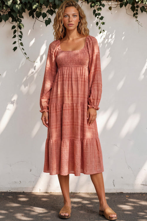 Teva Midi Dress - Square Neckline Dress with Pockets in Light Coral