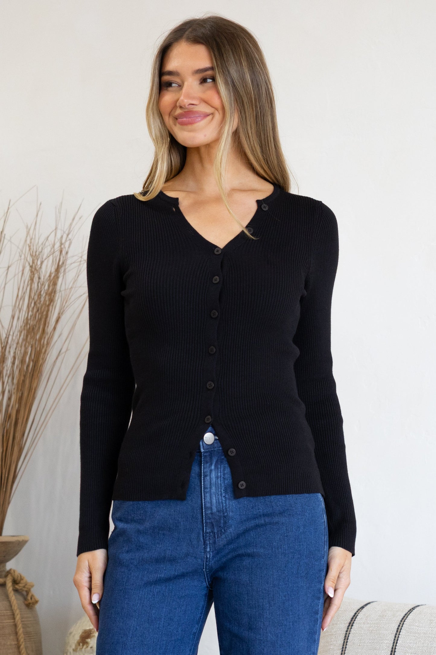 Tori Knit Top - Buttoned Down Long Sleeve Ribbed Knit in Black