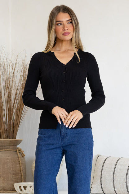 Tori Knit Top - Buttoned Down Long Sleeve Ribbed Knit in Black