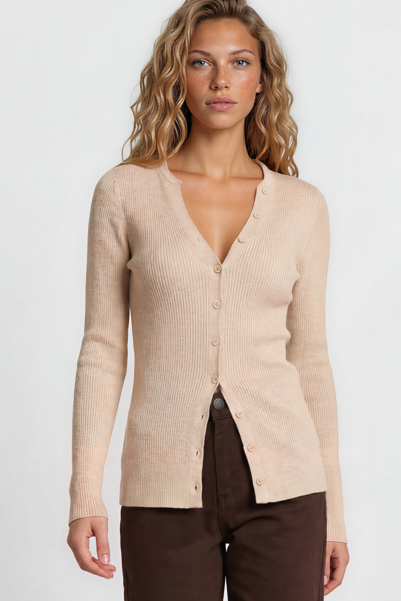Tori Knit Top - Buttoned Down Long Sleeve Ribbed Knit in Oatmeal