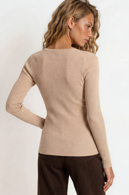 Tori Knit Top - Buttoned Down Long Sleeve Ribbed Knit in Oatmeal