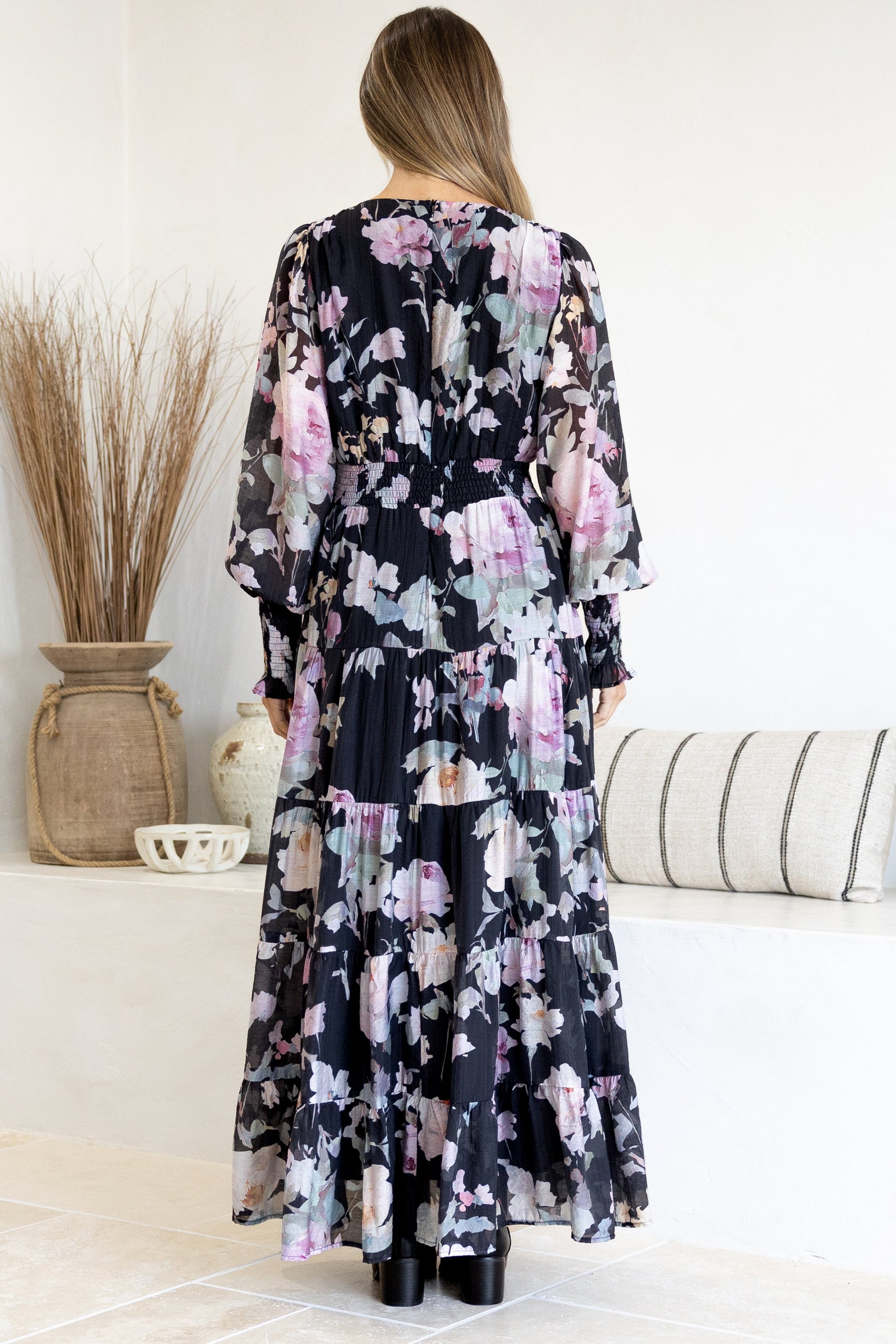 Trina Maxi Dress - Deep V Neck Tiered A-Line Dress with Balloon Sleeves in Bronson Print
