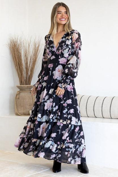 Trina Maxi Dress - Deep V Neck Tiered A-Line Dress with Balloon Sleeves in Bronson Print