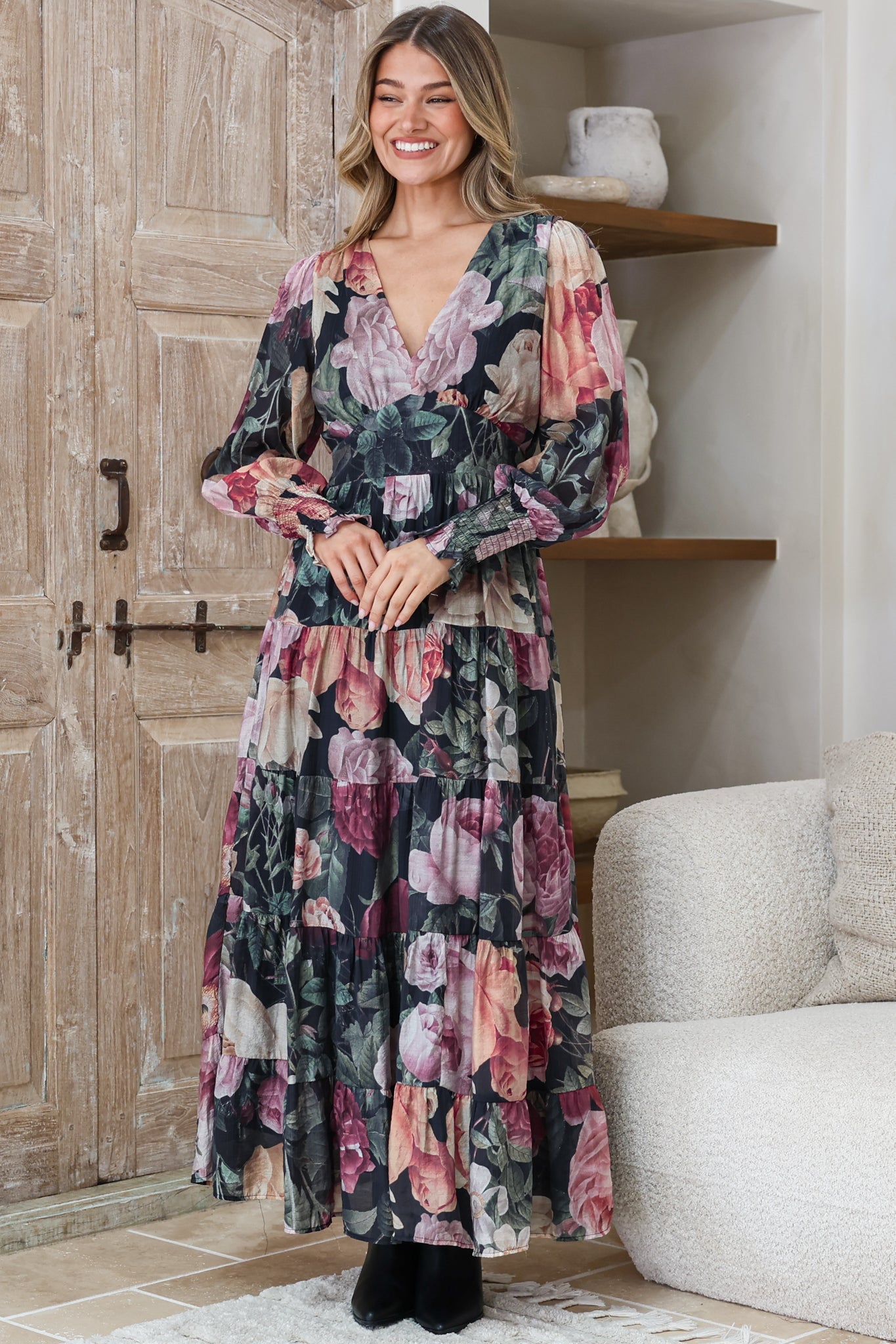 Trina Maxi Dress - Deep V Neck Tiered A-Line Dress with Balloon Sleeves in Annalisa Print