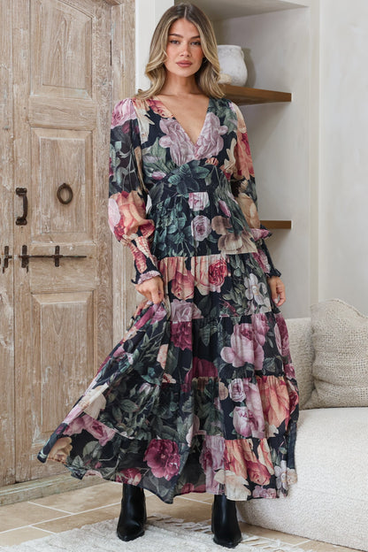 Trina Maxi Dress - Deep V Neck Tiered A-Line Dress with Balloon Sleeves in Annalisa Print