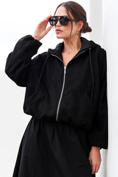 Vector Jacket - Faux Suede Zipper Closure Bomber Jacket with Hoodie in Black