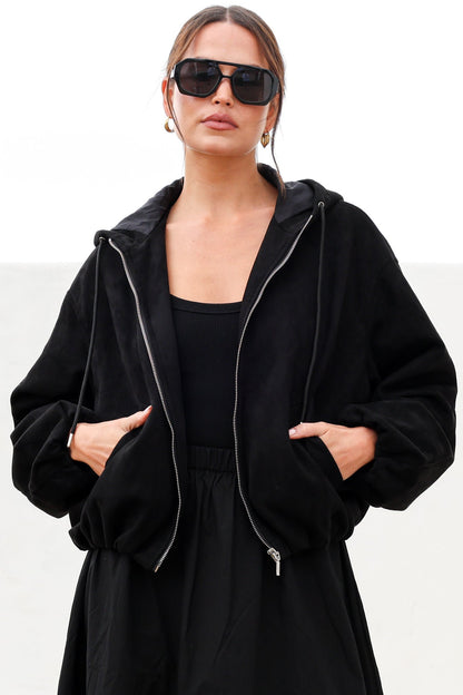Vector Jacket - Faux Suede Zipper Closure Bomber Jacket with Hoodie in Black