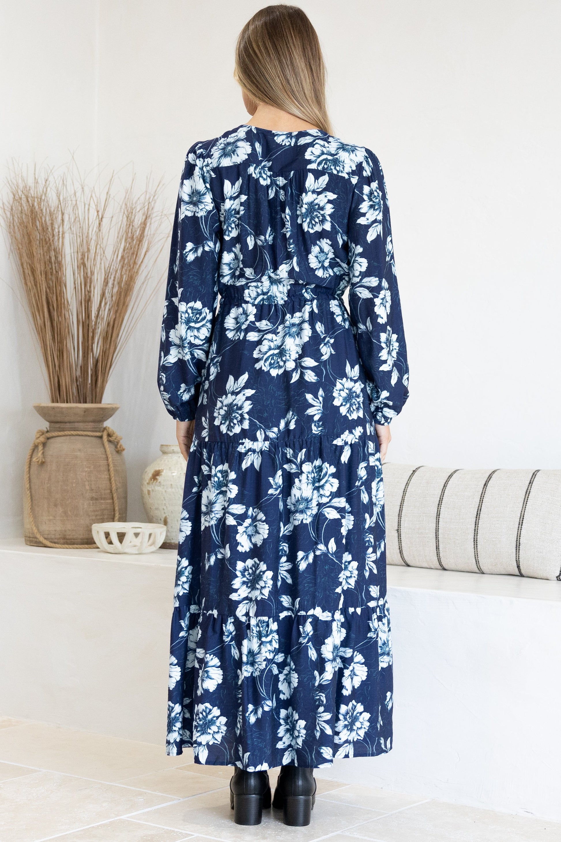 Villia Maxi Dress - V Neck Tiered Dress with Pull Tie Waist and Long Balloon Sleeves in Minka Print Navy