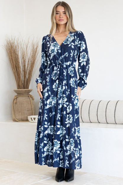 Villia Maxi Dress - V Neck Tiered Dress with Pull Tie Waist and Long Balloon Sleeves in Minka Print Navy