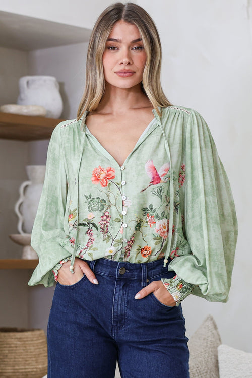 Violet Blouse - Frill Collar Button Down Balloon Sleeve Blouse in Ferngully Print