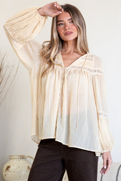 Vivianne Blouse - V Neck Lace Detailed Button Down with Balloon Sleeves in Cream