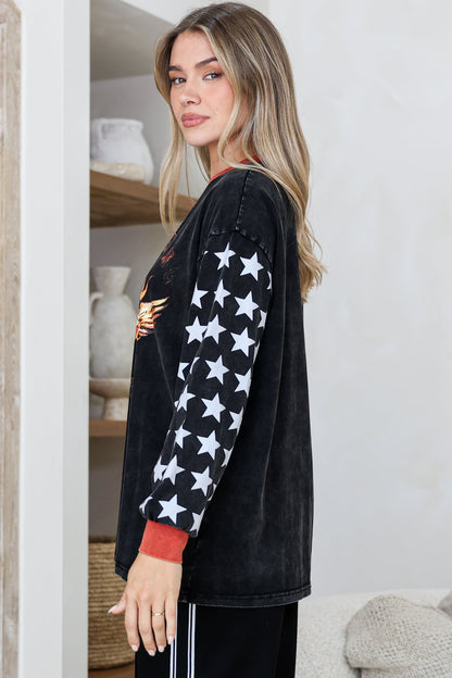 Wandering Heart Long Sleeve Tee - Crew Neck Contrast Sport Stripe Graphic T-Shirt in Black