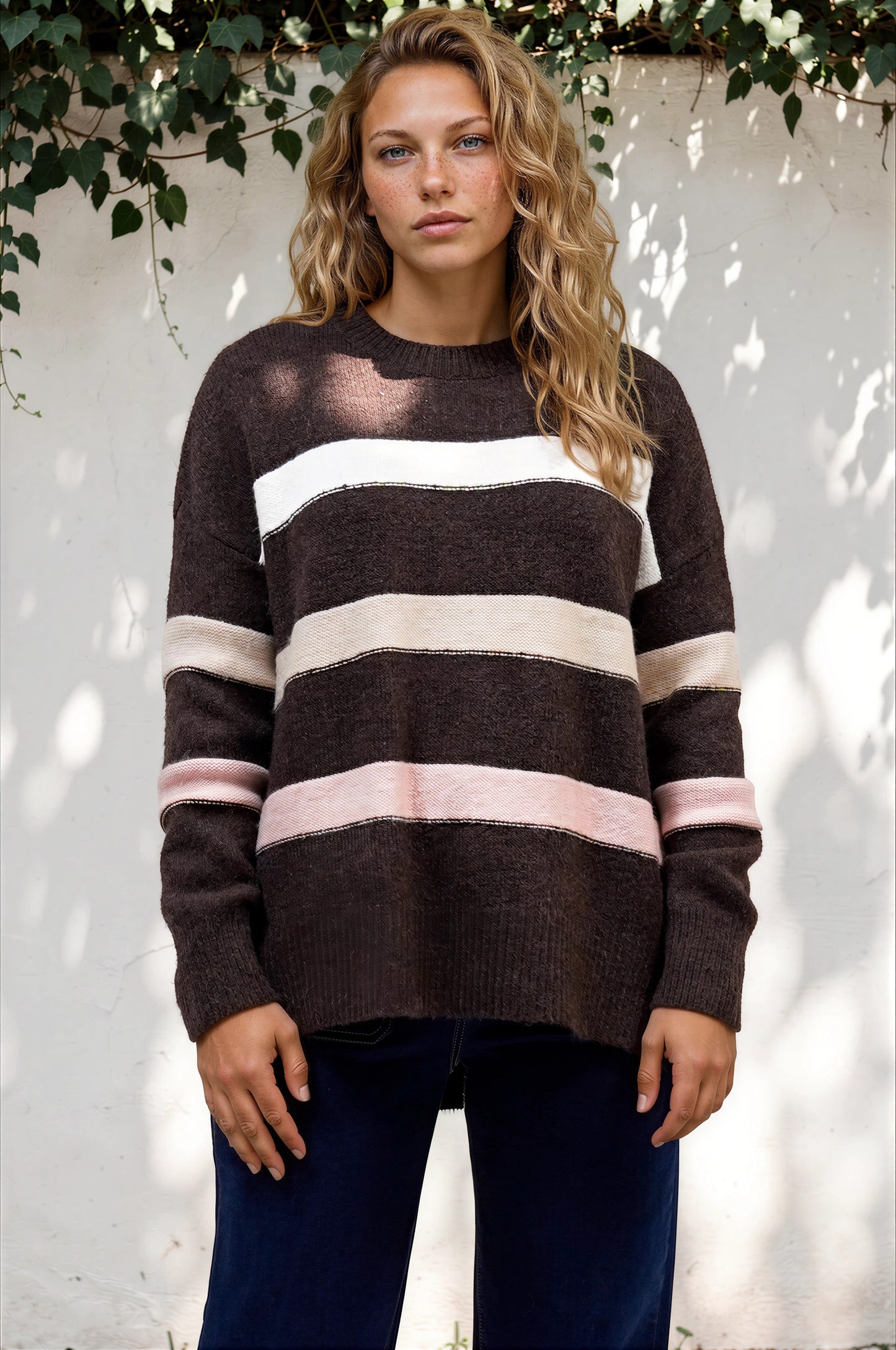 Wendi Jumper - High-Low Stripe Wool Blend Jumper in Chocolate