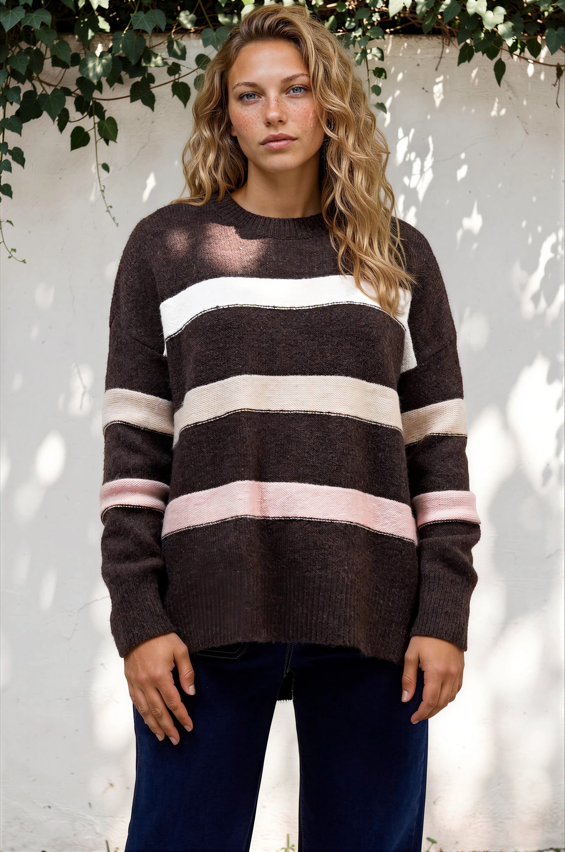 Wendi Jumper - High-Low Stripe Wool Blend Jumper in Chocolate