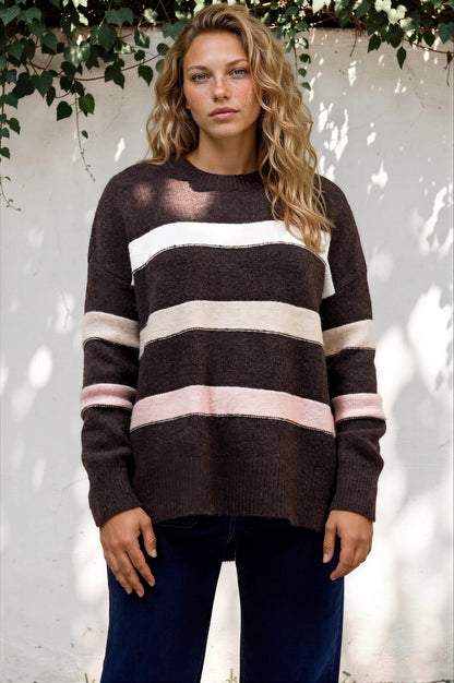 Wendi Jumper - High-Low Stripe Wool Blend Jumper in Chocolate