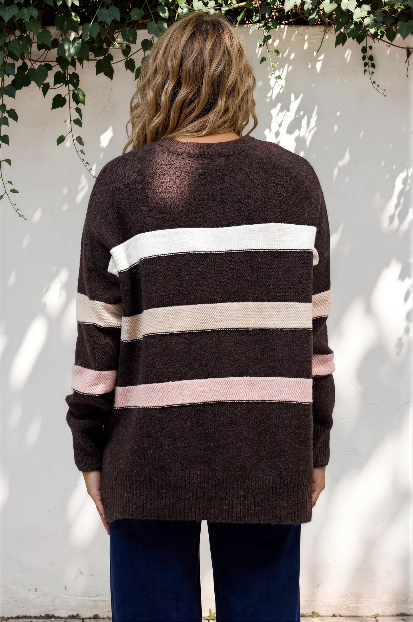 Wendi Jumper - High-Low Stripe Wool Blend Jumper in Chocolate
