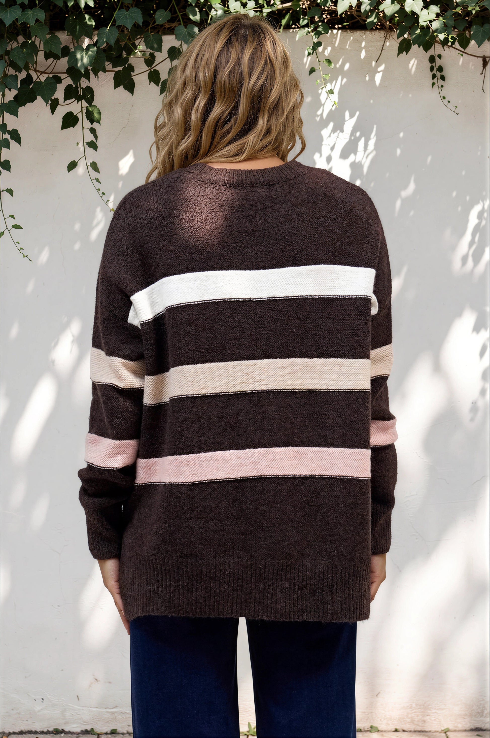 Wendi Jumper - High-Low Stripe Wool Blend Jumper in Chocolate
