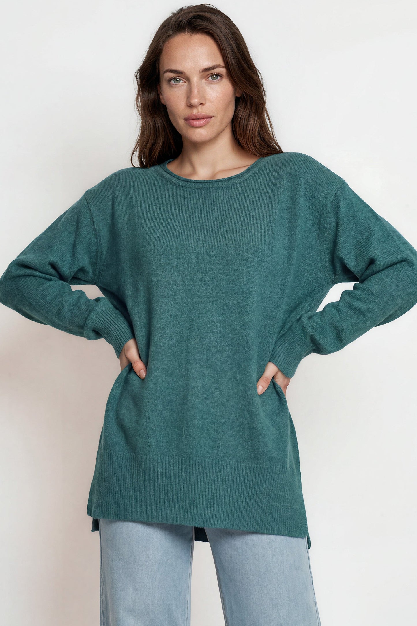 Willow Jumper - Crew Neck Batwing Sleeve Ribbed Step Hemline Knit in Teal