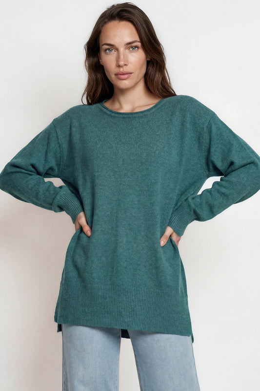 Willow Jumper - Crew Neck Batwing Sleeve Ribbed Step Hemline Knit in Teal