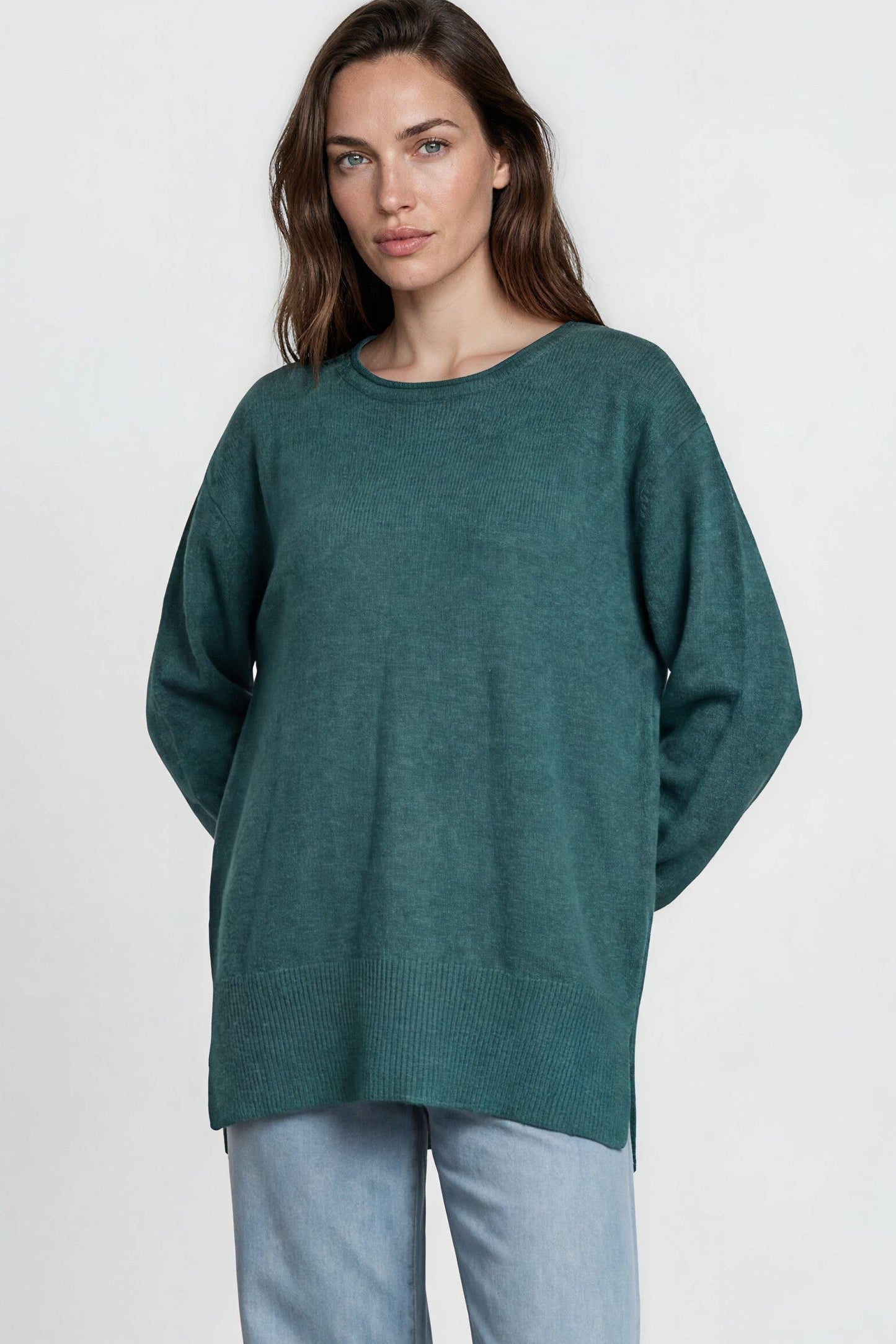 Willow Jumper - Crew Neck Batwing Sleeve Ribbed Step Hemline Knit in Teal