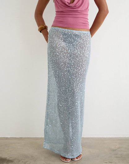 Alphia Maxi Skirt in Seafoam Sequin Knit Blue
