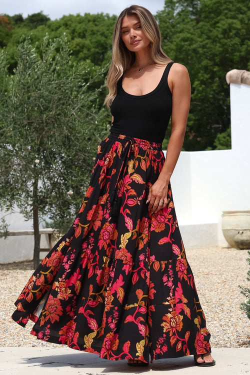 Zia Maxi Skirt - High Waisted Skirt with Tassel Waist Tie and Front Splits in Valerie Print
