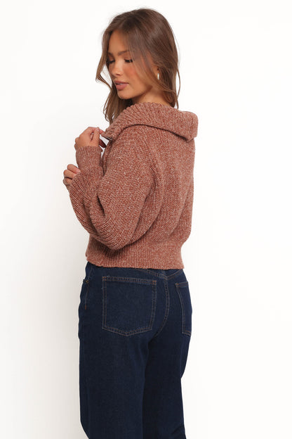 Hallow Collar Quarter Zip Sweater - Brown