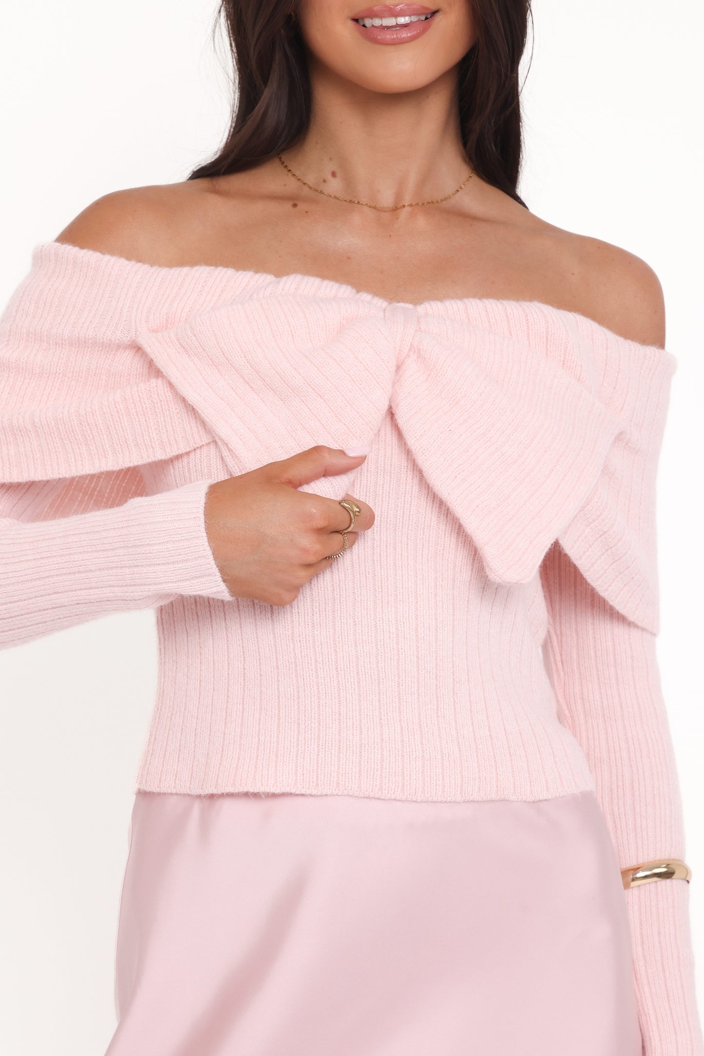 Helene Bow Off Shoulder Knit Sweater - Pink