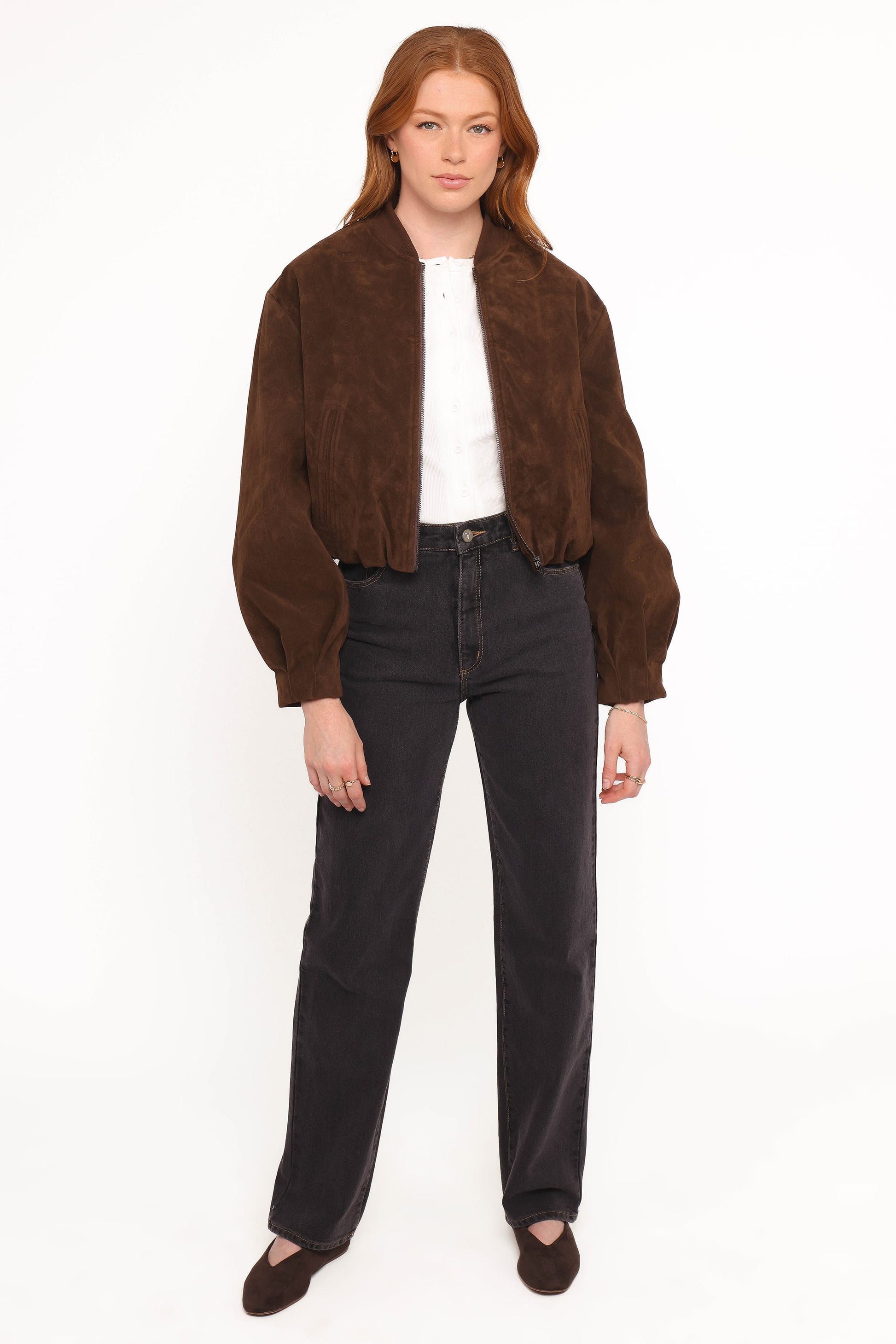 Goldie Faux Suede Bomber Jacket - Brown