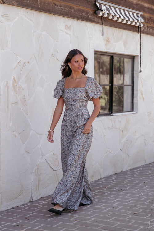 Jayda Puff Sleeve Jumpsuit - Grey Floral