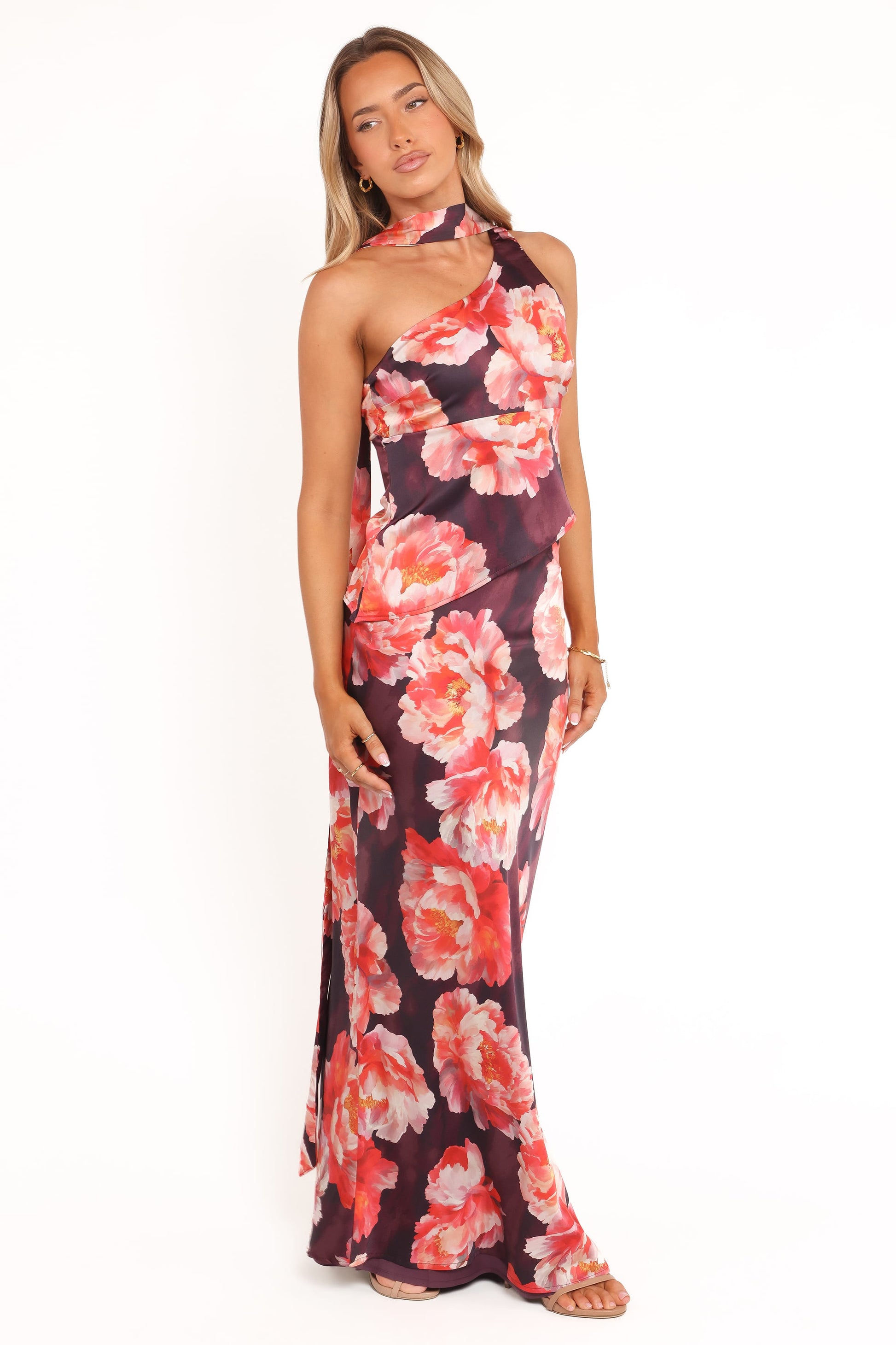 Georgina One Shoulder Skirt Set - Burgundy Peony