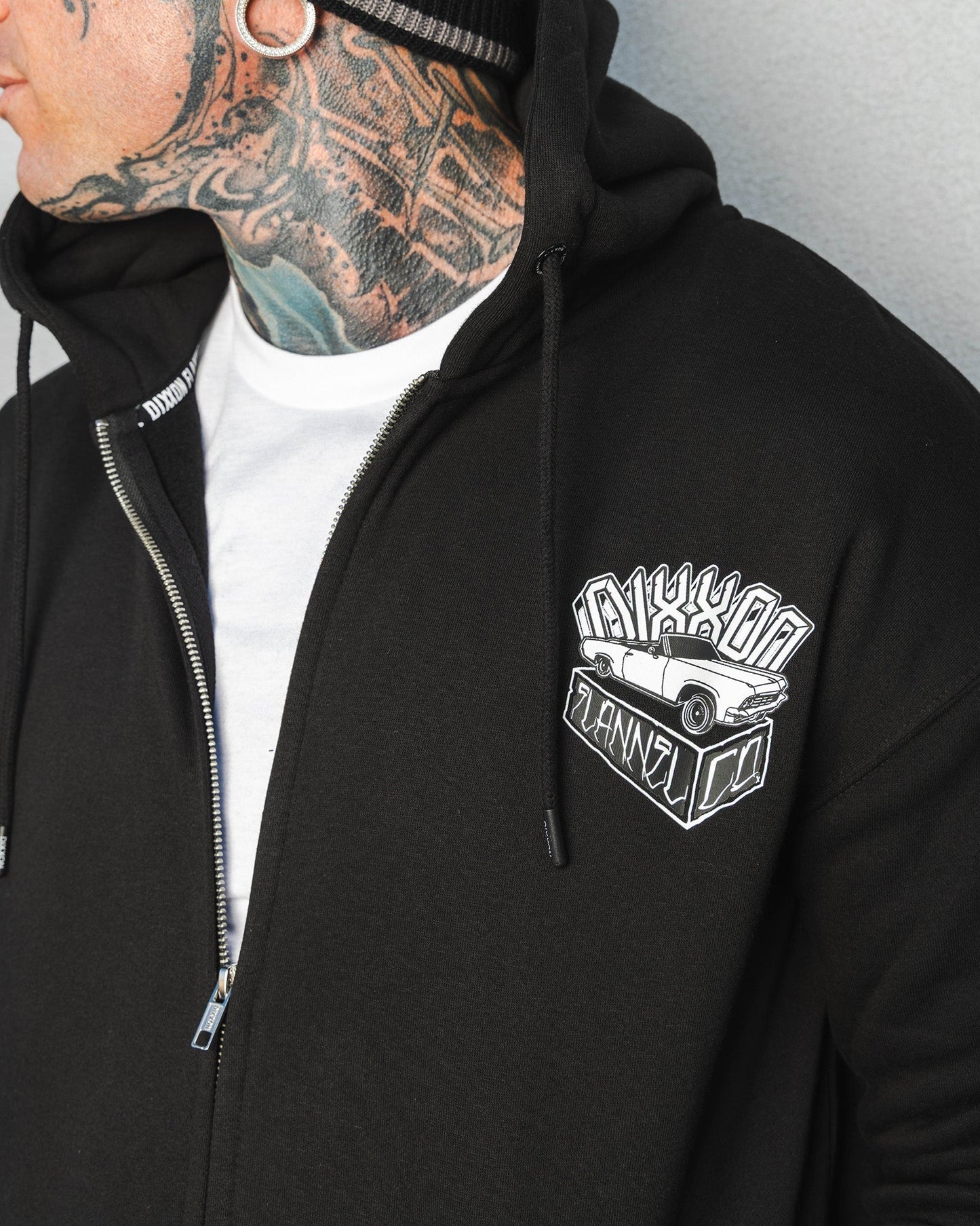 White Block Zip Up Hoodie - Black
