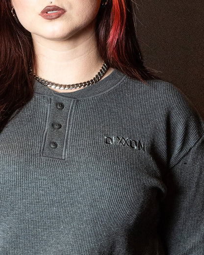 Women's Waffle Knit Long Sleeve Crop Tee - Dark Gray
