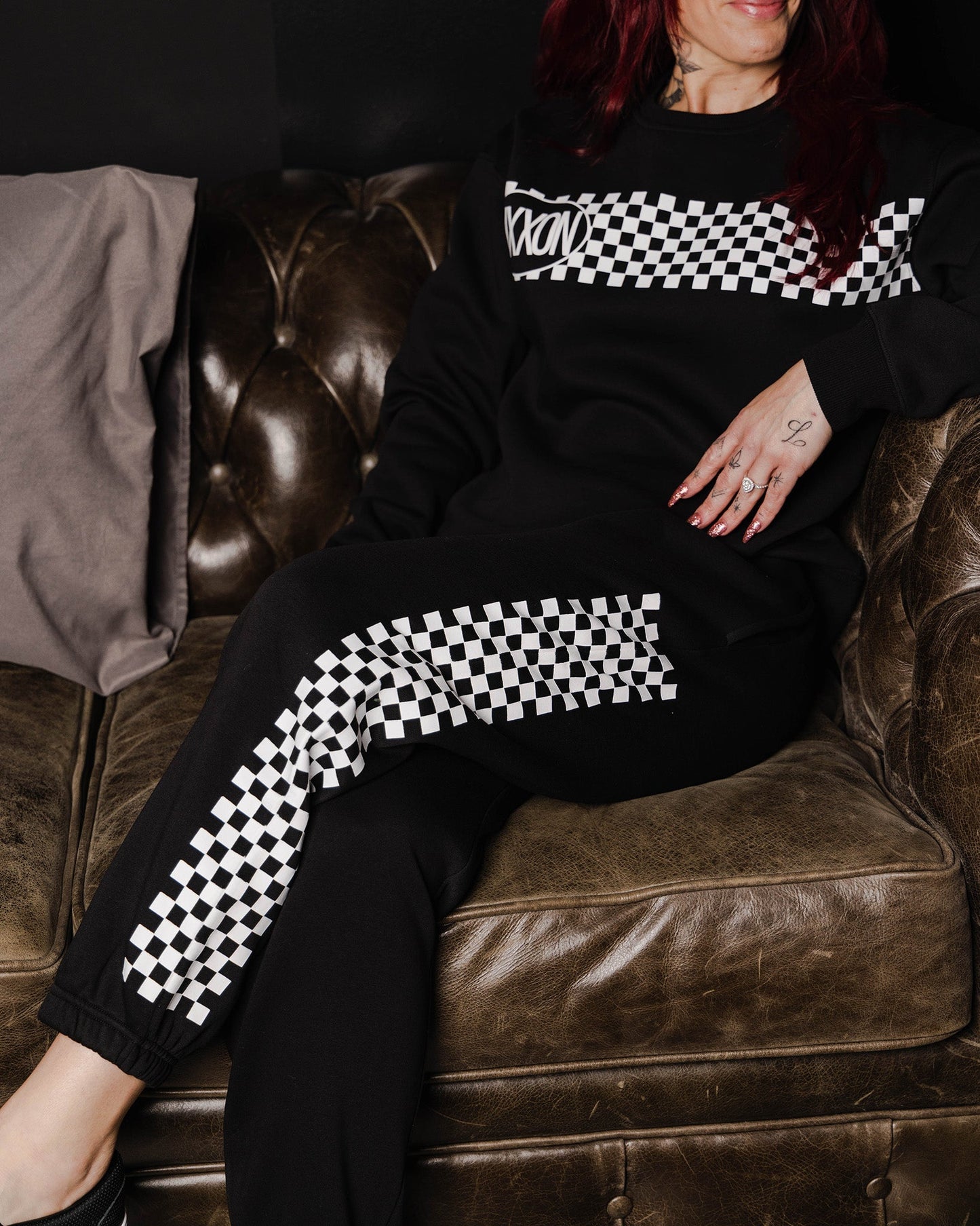 Women's White Checkers Crewneck Sweatshirt - Black